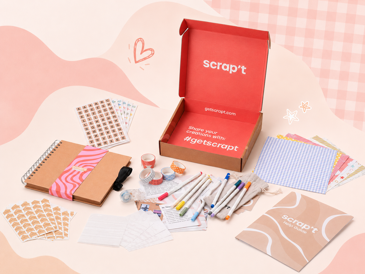 Open scrapbook with completed spread